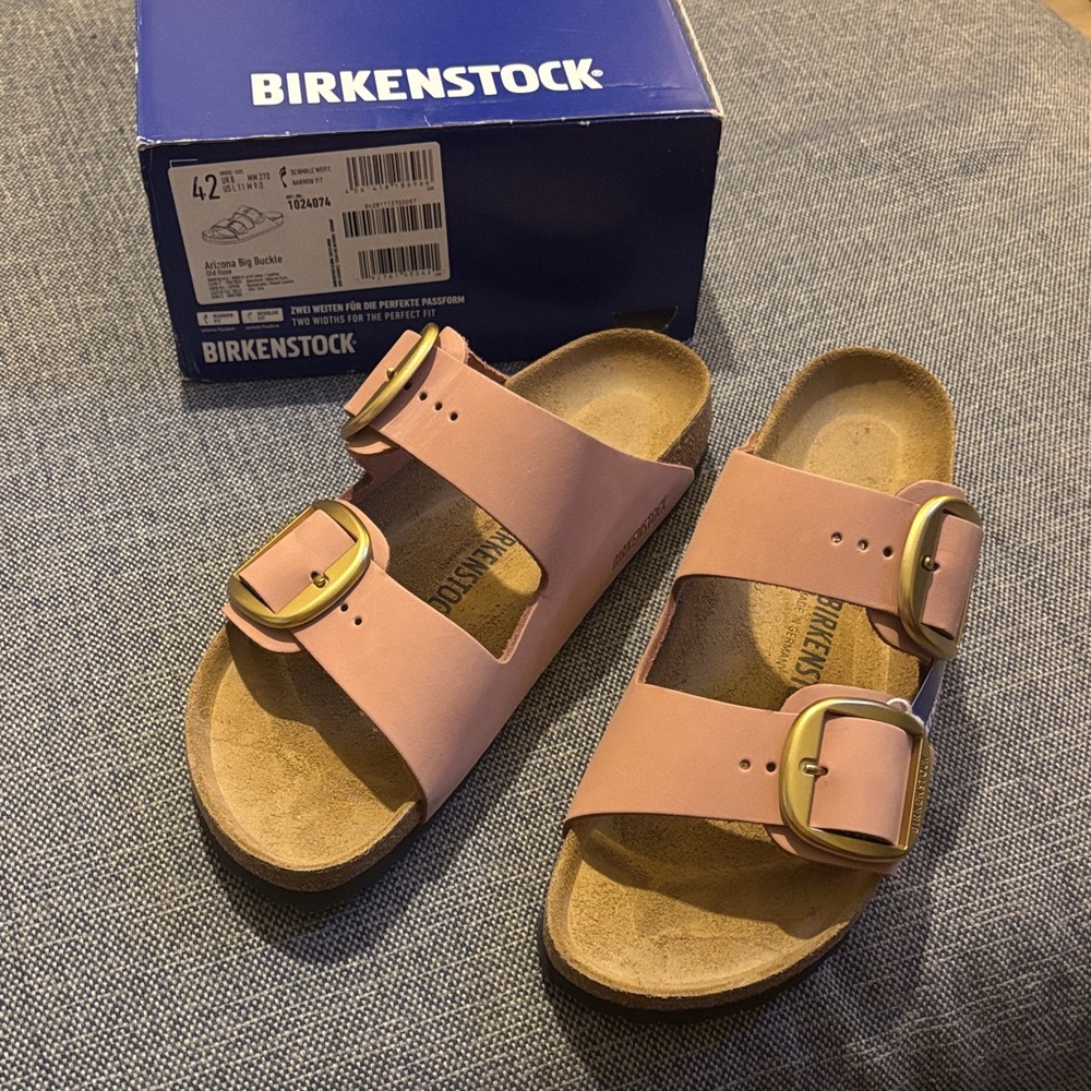 Birkenstock Pink Sandals with Gold Buckles